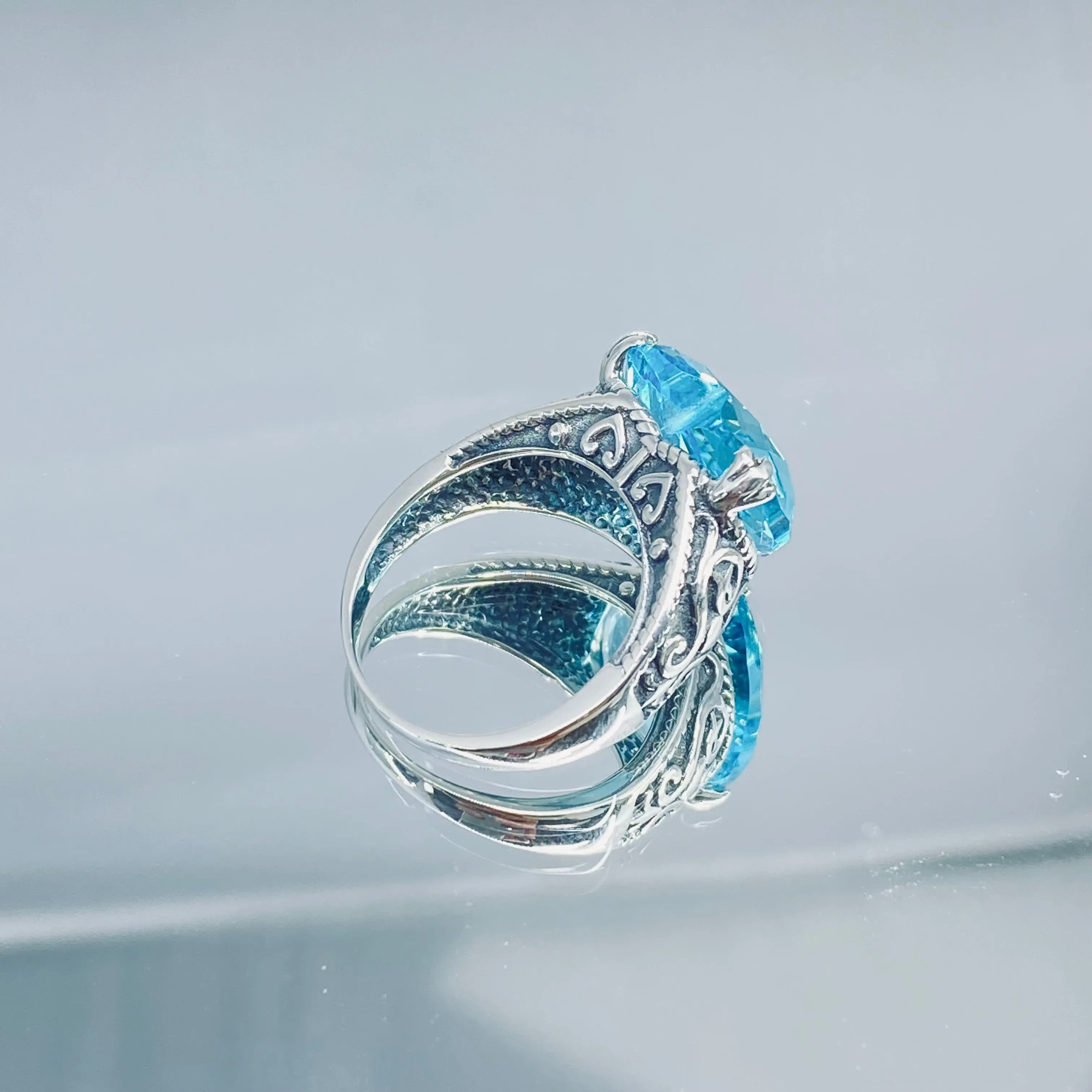 Aquamarine Ring, Size 7.5, Heart Gem, Gothic Filigree Jewelry #D132 - Ready to Ship