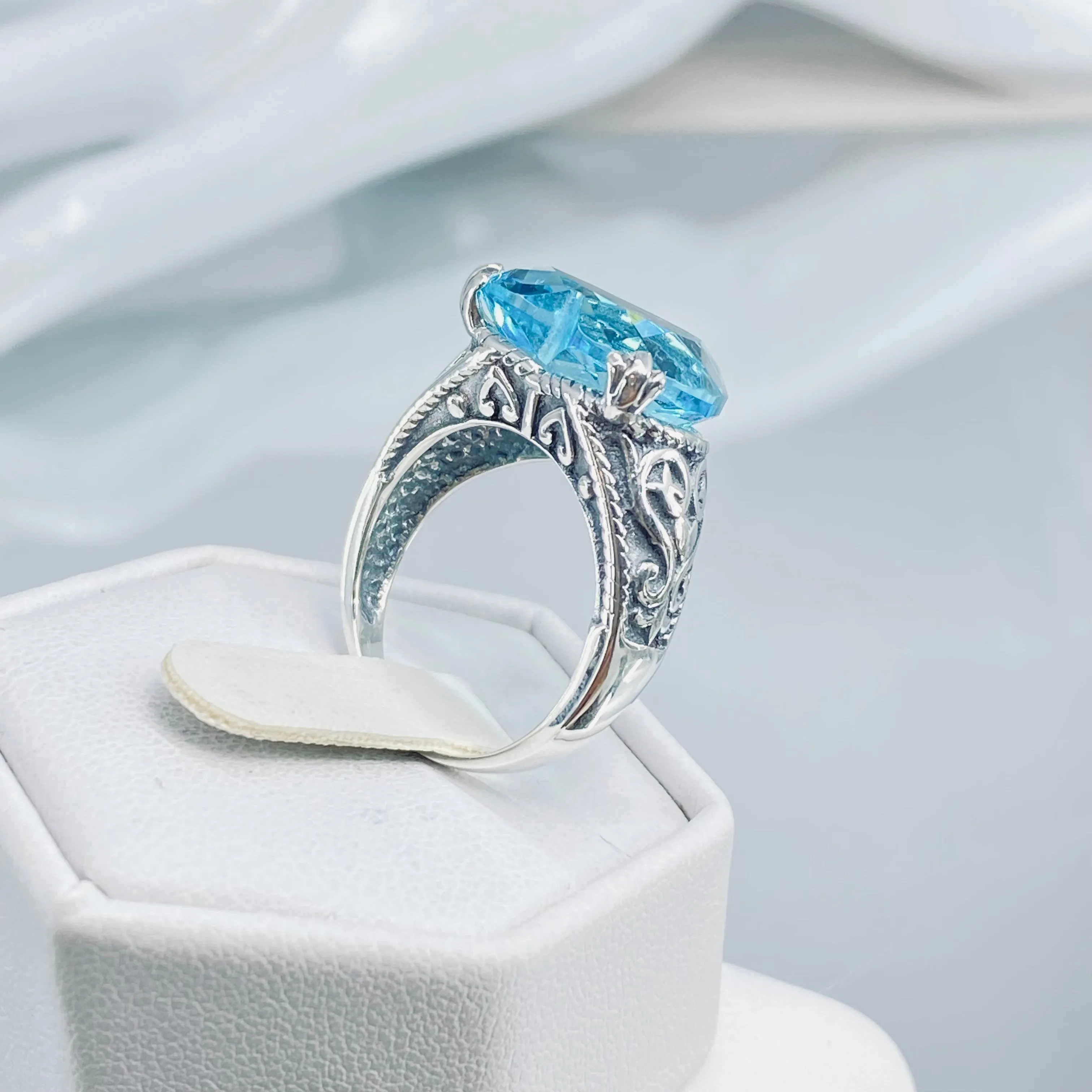 Aquamarine Ring, Size 7.5, Heart Gem, Gothic Filigree Jewelry #D132 - Ready to Ship