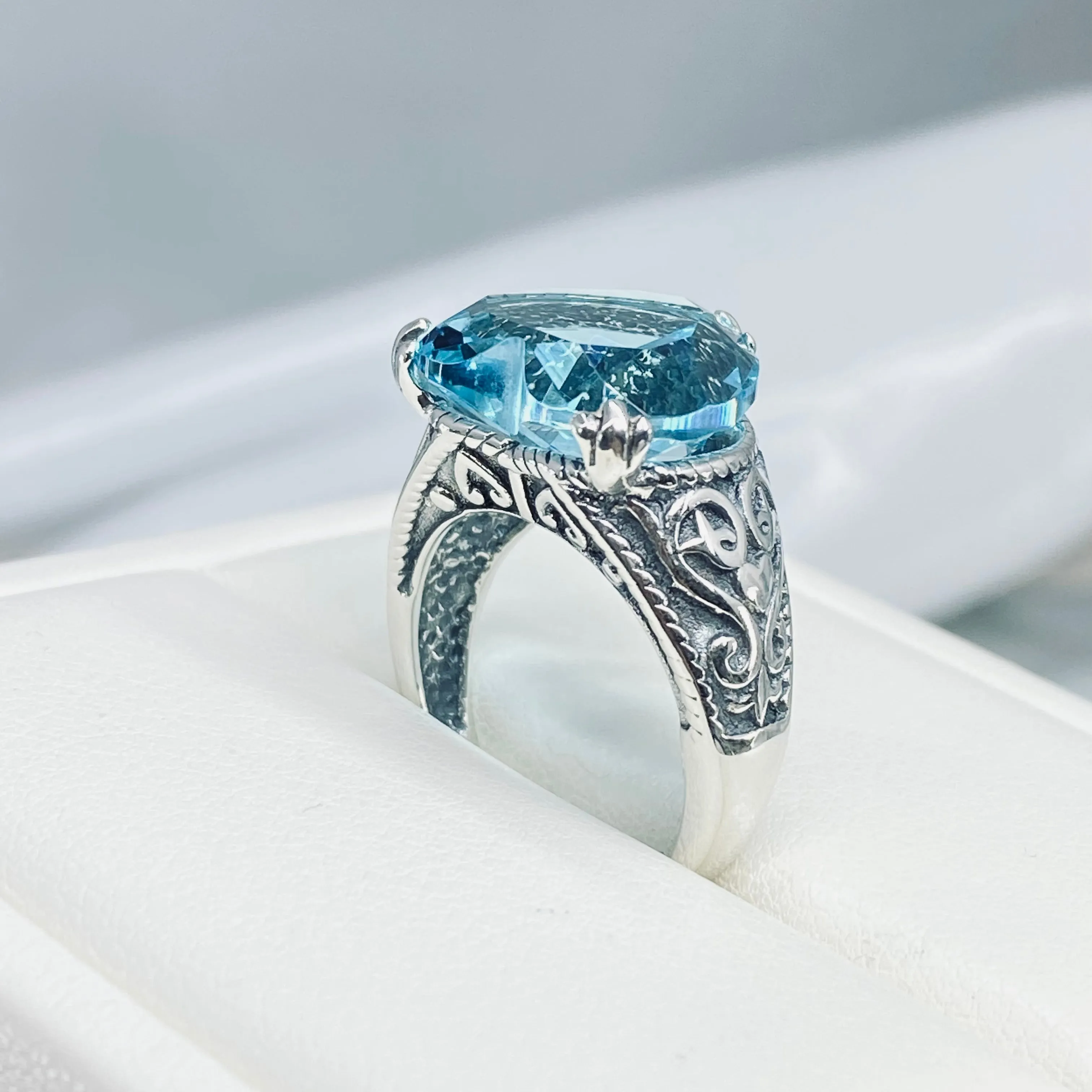 Aquamarine Ring, Size 7.5, Heart Gem, Gothic Filigree Jewelry #D132 - Ready to Ship