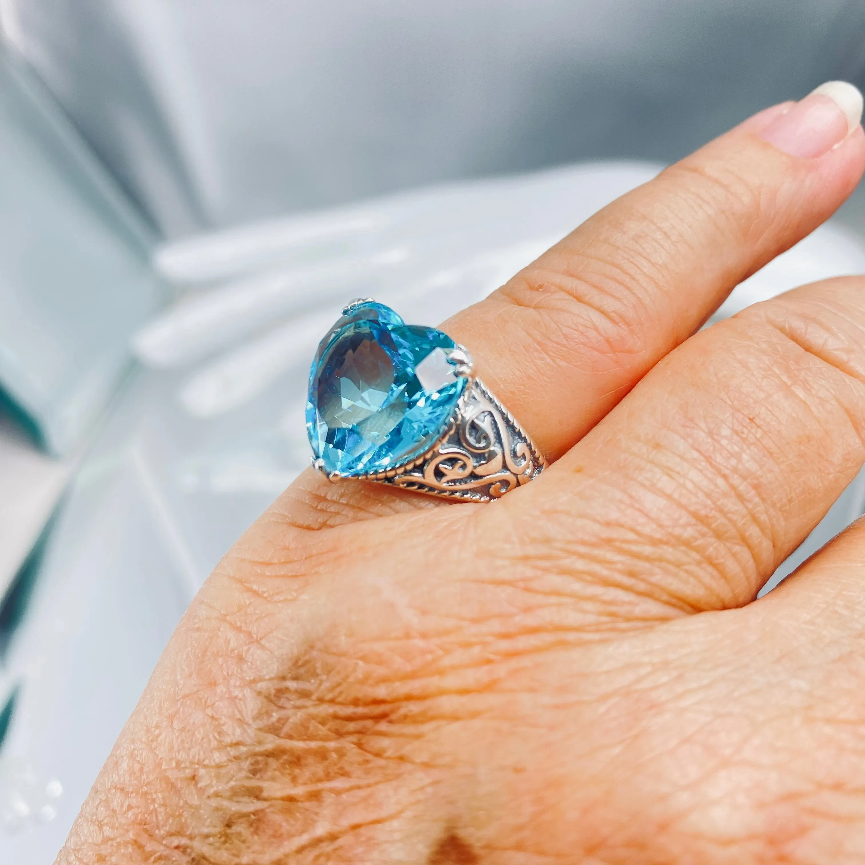 Aquamarine Ring, Size 7.5, Heart Gem, Gothic Filigree Jewelry #D132 - Ready to Ship