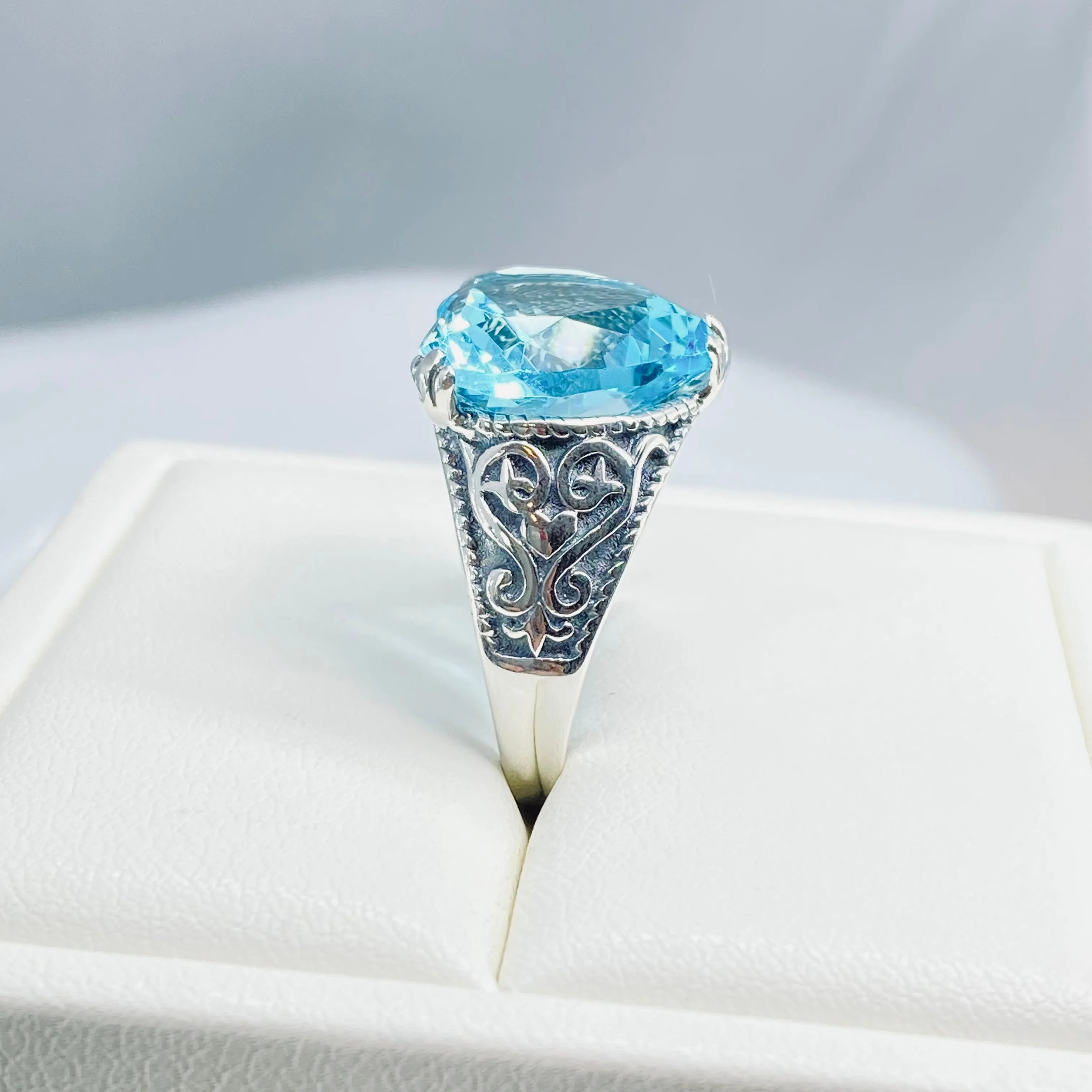 Aquamarine Ring, Size 7.5, Heart Gem, Gothic Filigree Jewelry #D132 - Ready to Ship