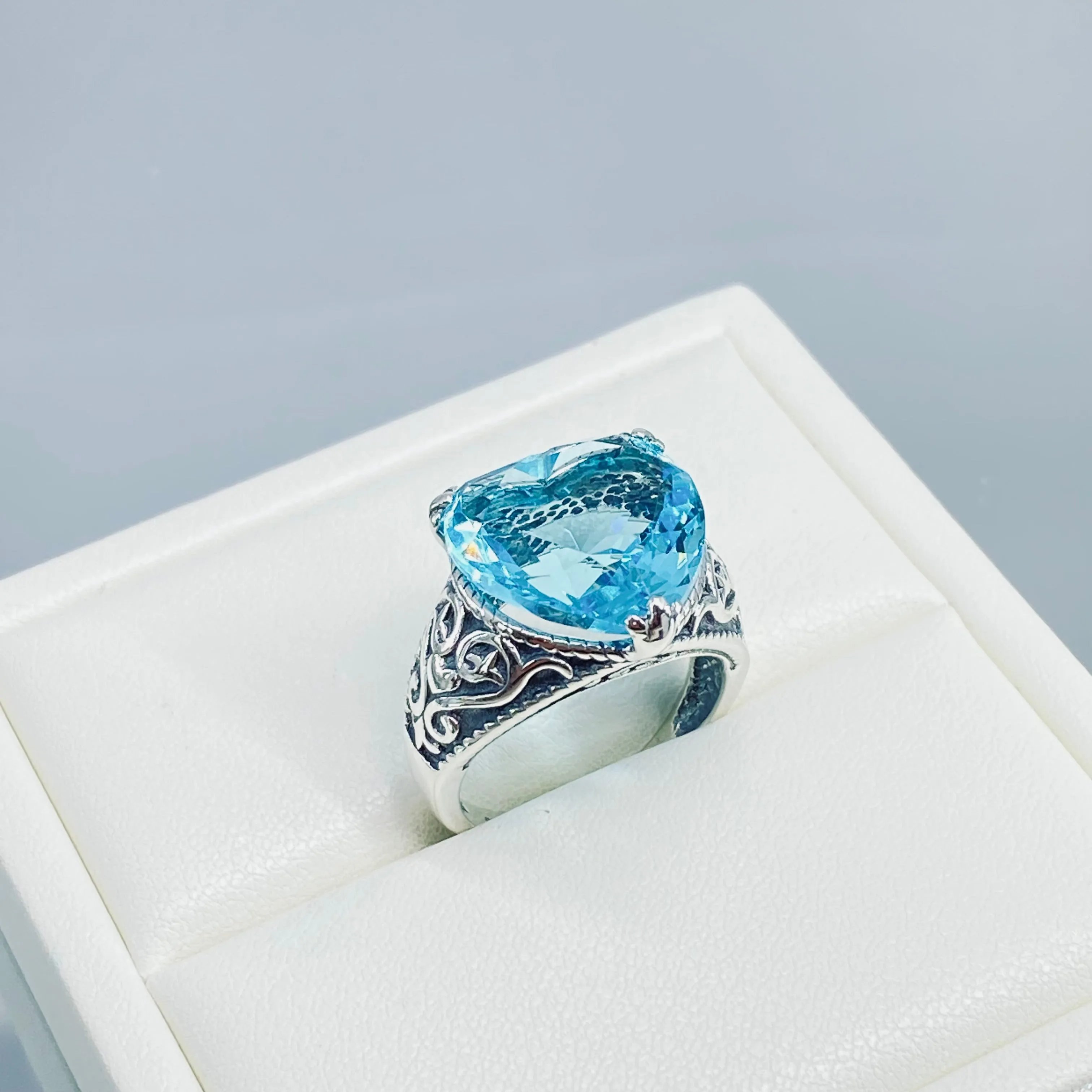 Aquamarine Ring, Size 7.5, Heart Gem, Gothic Filigree Jewelry #D132 - Ready to Ship