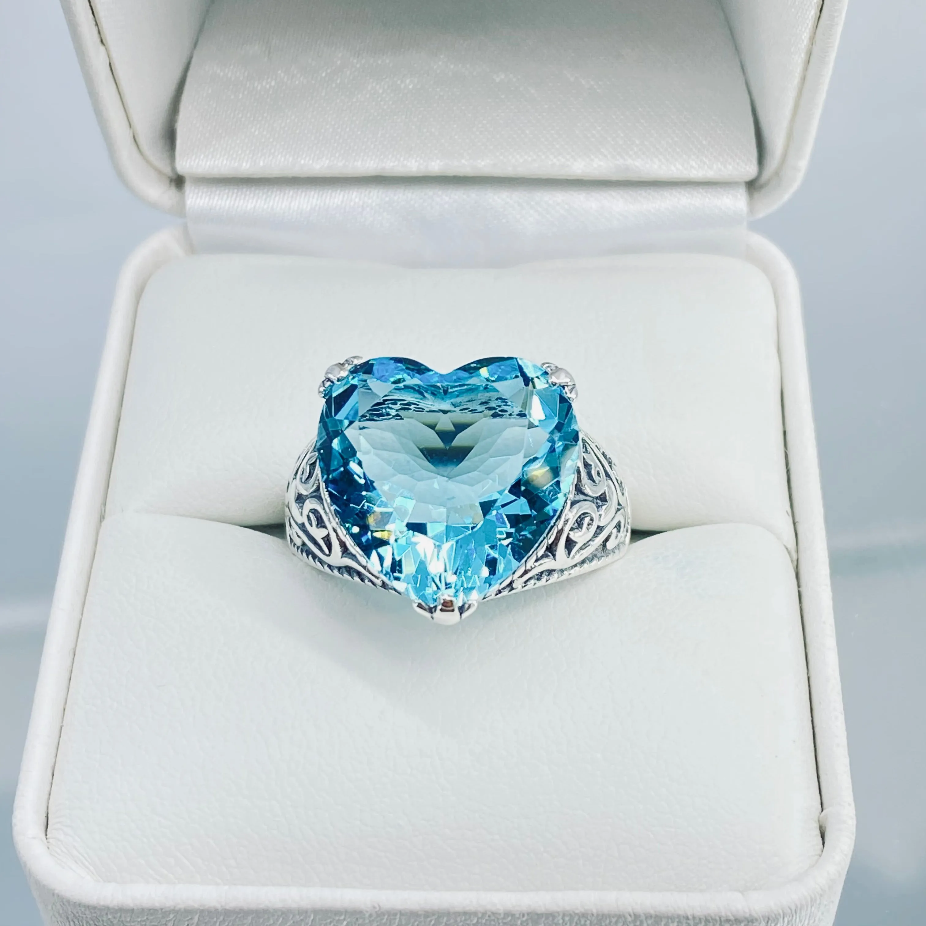 Aquamarine Ring, Size 7.5, Heart Gem, Gothic Filigree Jewelry #D132 - Ready to Ship