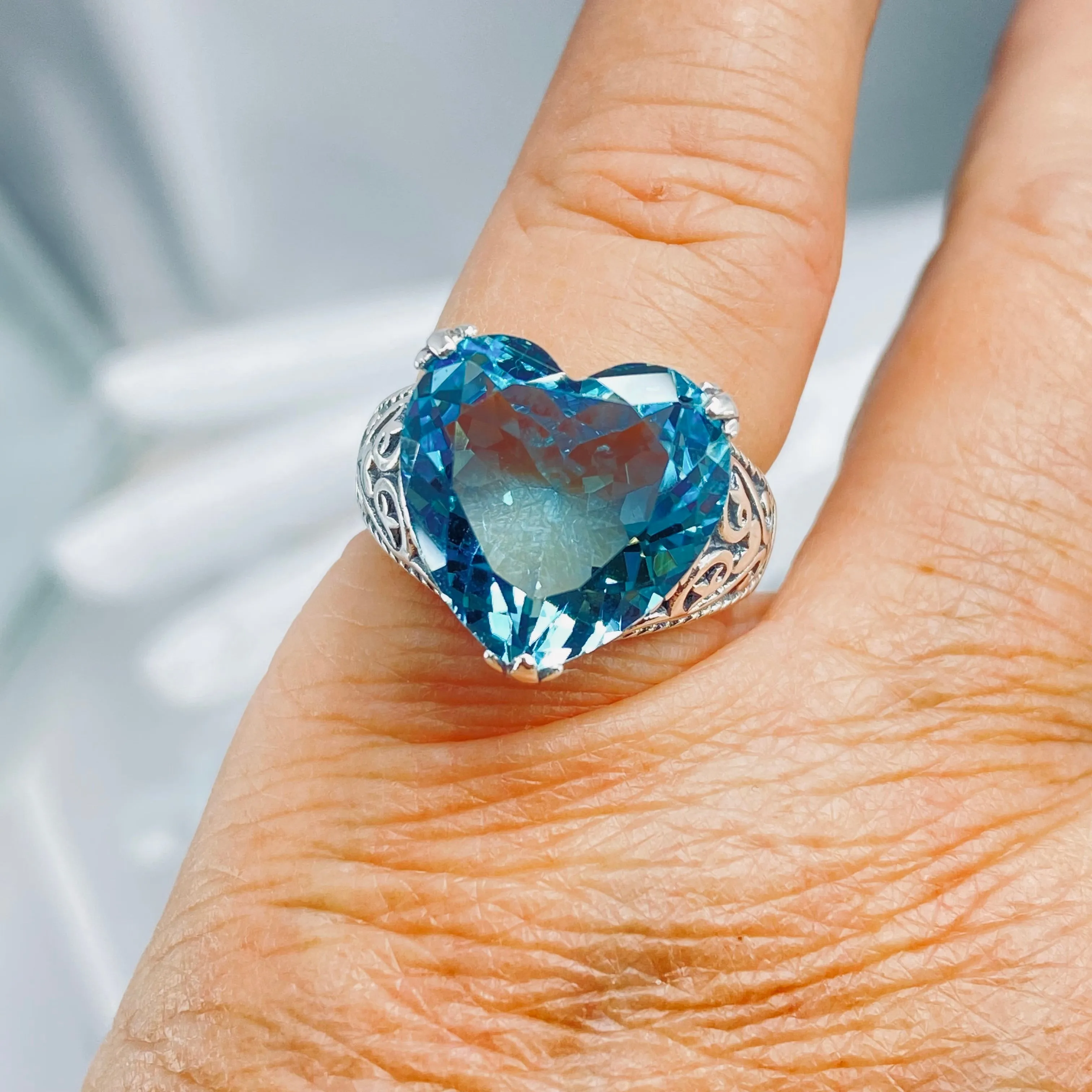 Aquamarine Ring, Size 7.5, Heart Gem, Gothic Filigree Jewelry #D132 - Ready to Ship