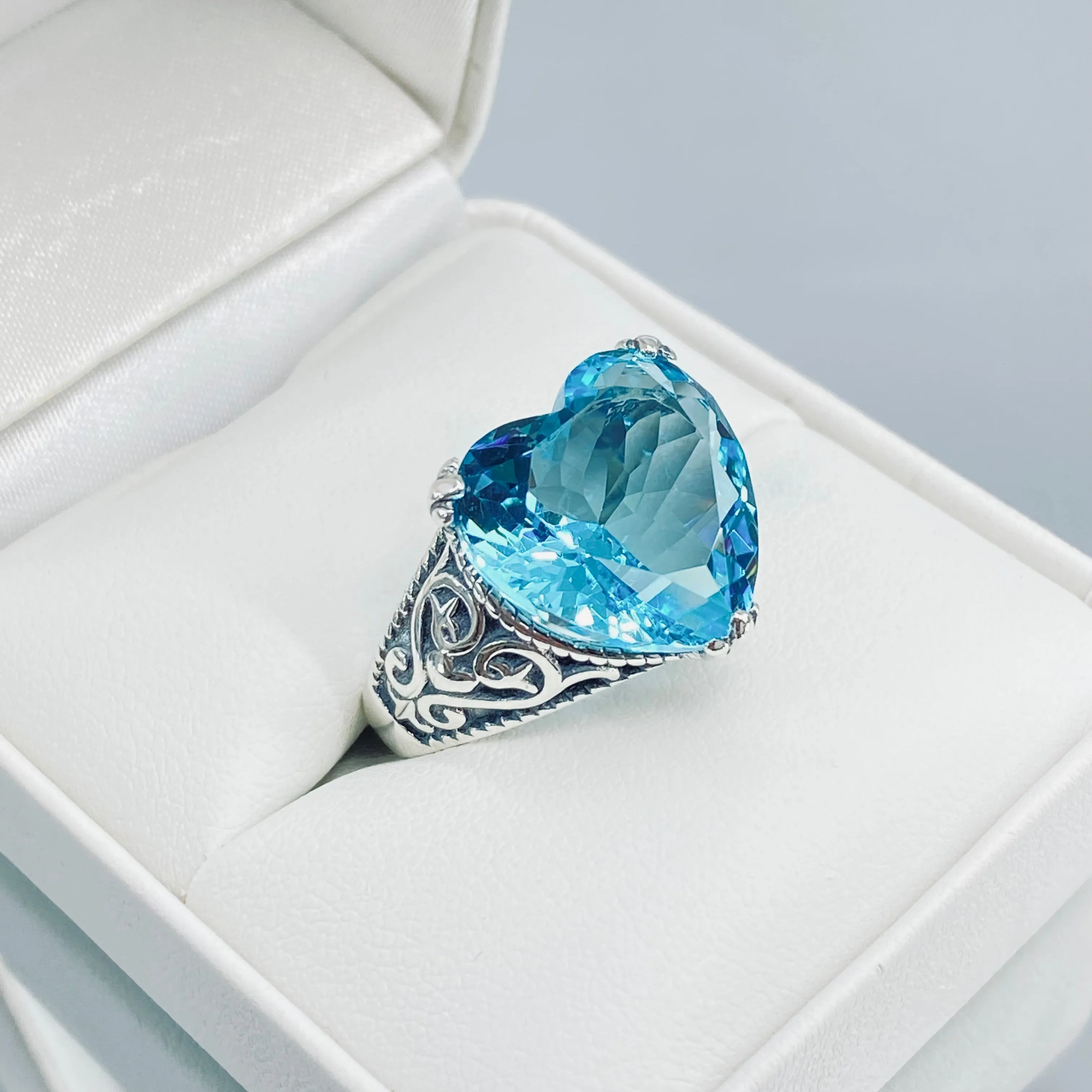 Aquamarine Ring, Size 7.5, Heart Gem, Gothic Filigree Jewelry #D132 - Ready to Ship