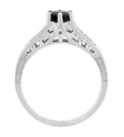 Art Deco Gothic Filigree 1.25 Carat Black Diamond Engagement Ring in 14 Karat White Gold