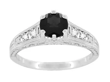 Art Deco Gothic Filigree 1.25 Carat Black Diamond Engagement Ring in 14 Karat White Gold