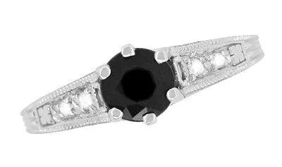 Art Deco Gothic Filigree 1.25 Carat Black Diamond Engagement Ring in 14 Karat White Gold