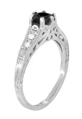 Art Deco Gothic Filigree 1.25 Carat Black Diamond Engagement Ring in 14 Karat White Gold