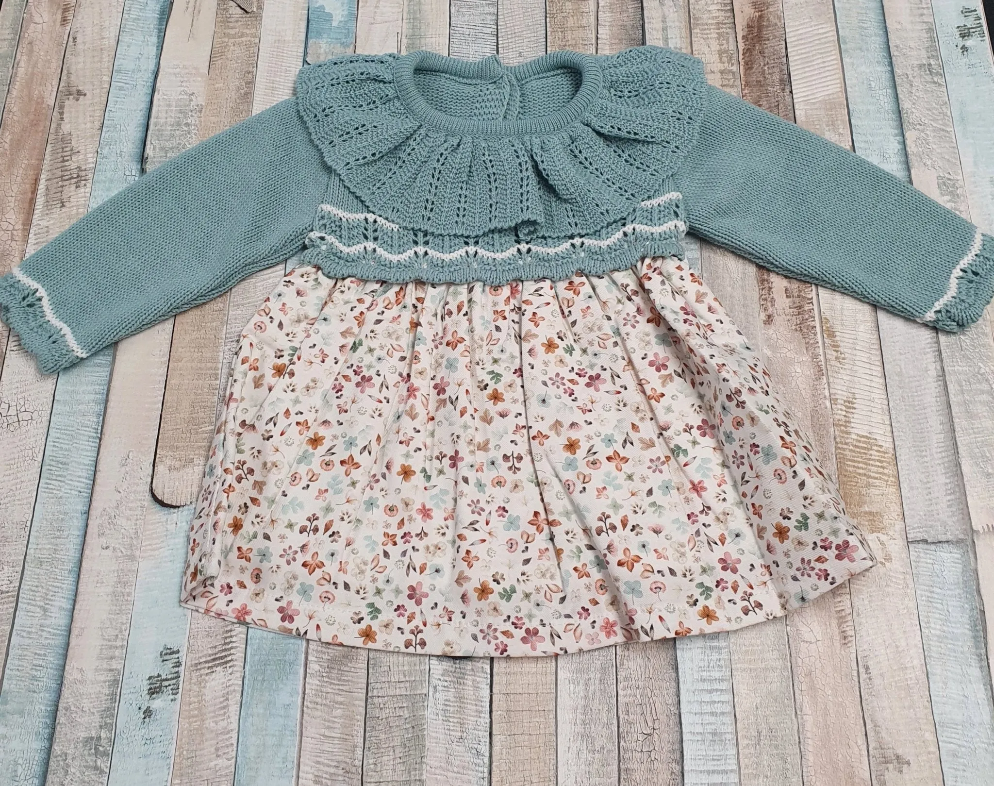 Baby Girls Green Half Knitted Half Floral Dress