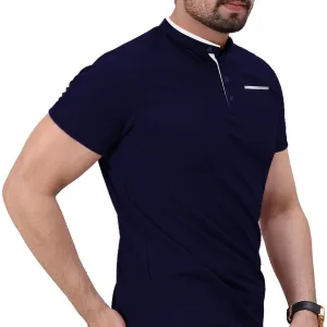 Ban Collar Men Fashion Polo Tee Shirt - Navy