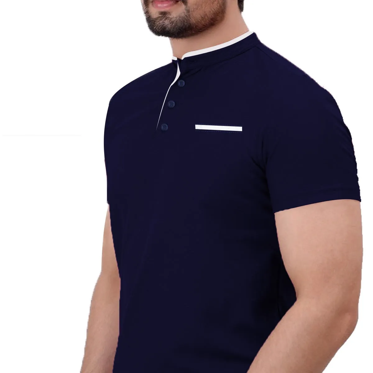 Ban Collar Men Fashion Polo Tee Shirt - Navy