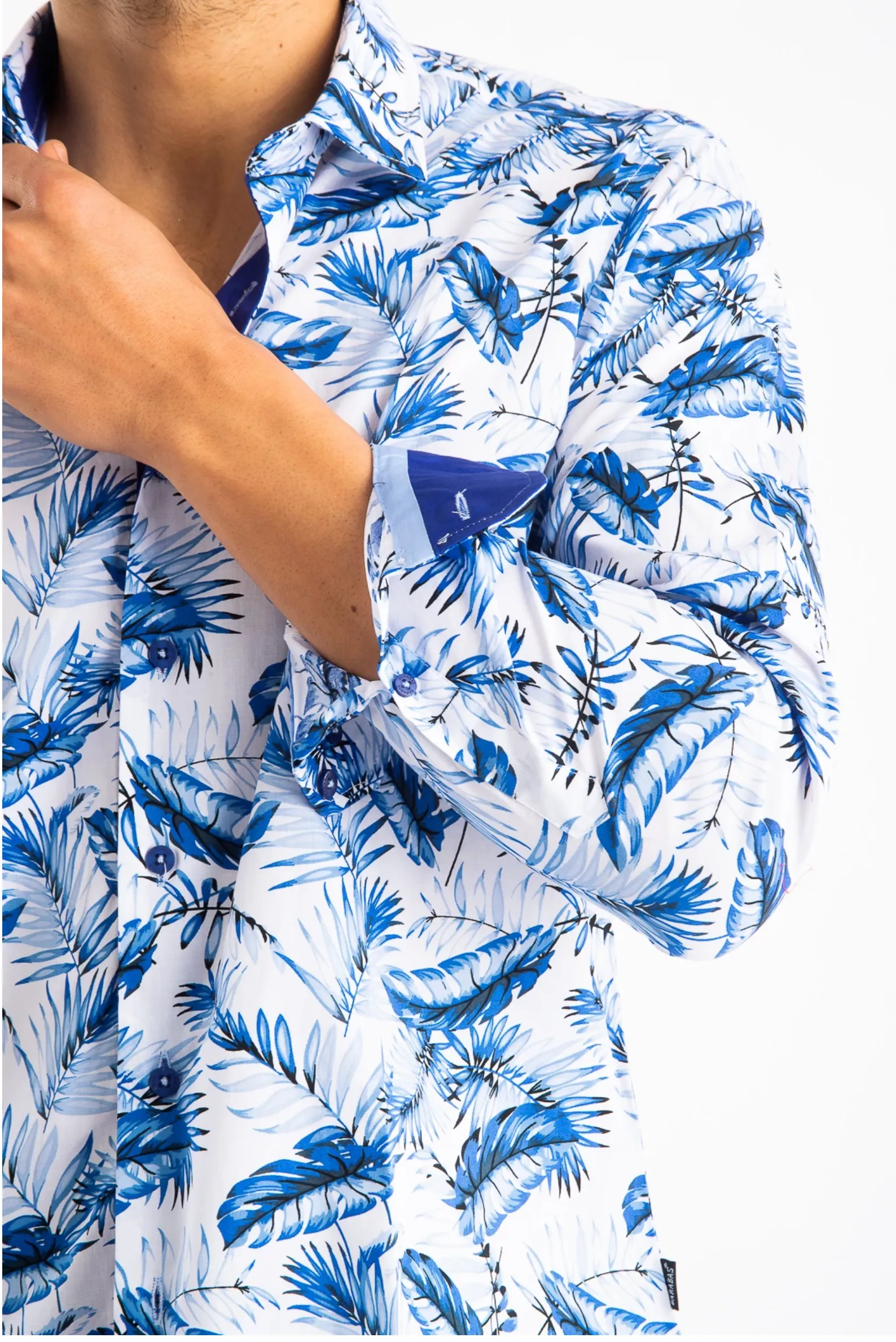 Barabas Mens Blue Feather Print Long Sleeve Shirt