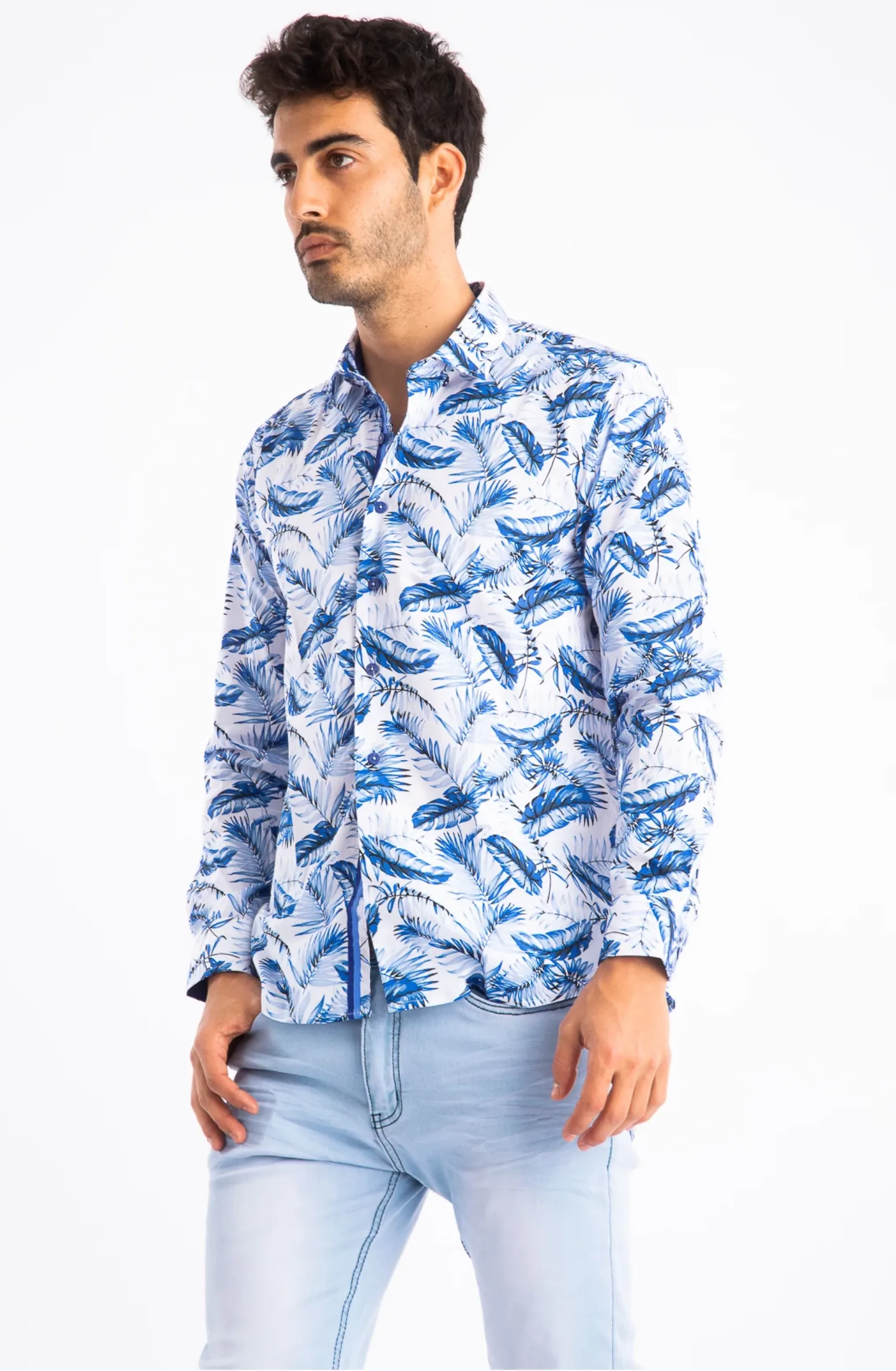 Barabas Mens Blue Feather Print Long Sleeve Shirt