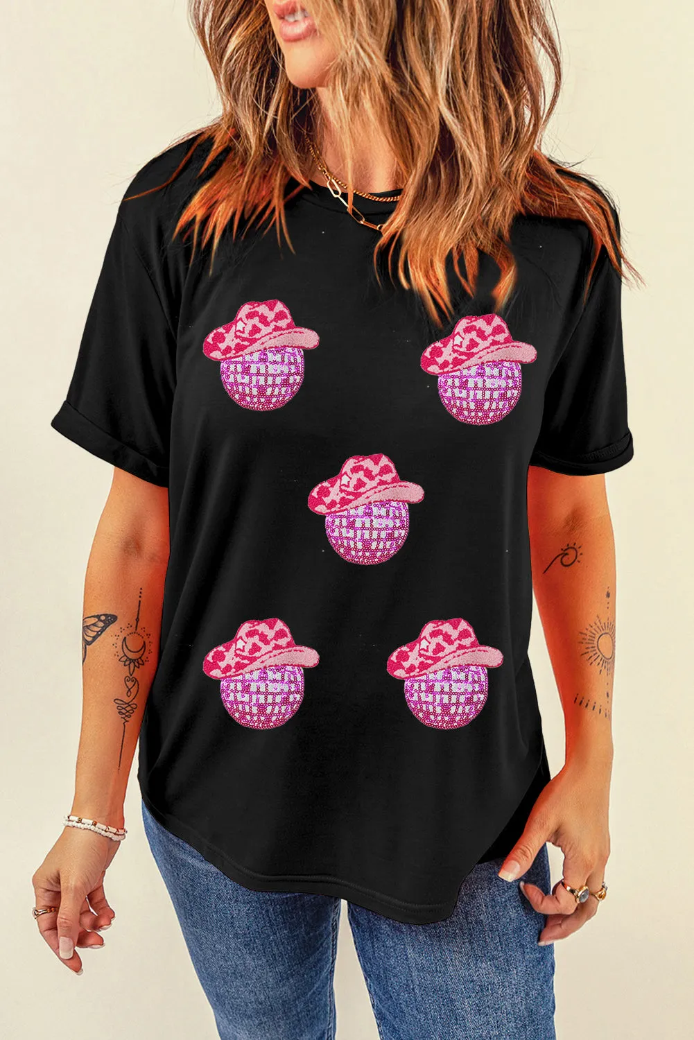 Black Cowboy Hat Disco Ball Patched Round Neck T Shirt