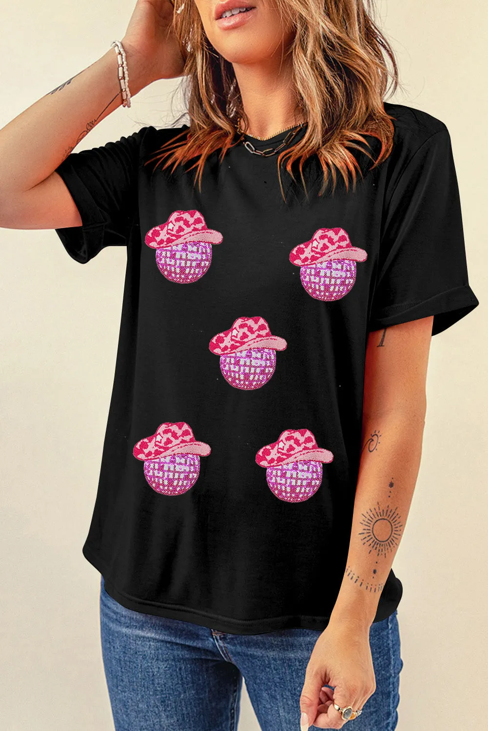 Black Cowboy Hat Disco Ball Patched Round Neck T Shirt