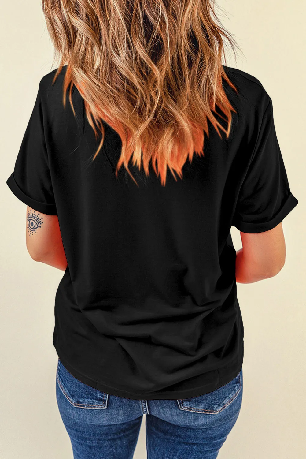 Black Cowboy Hat Disco Ball Patched Round Neck T Shirt