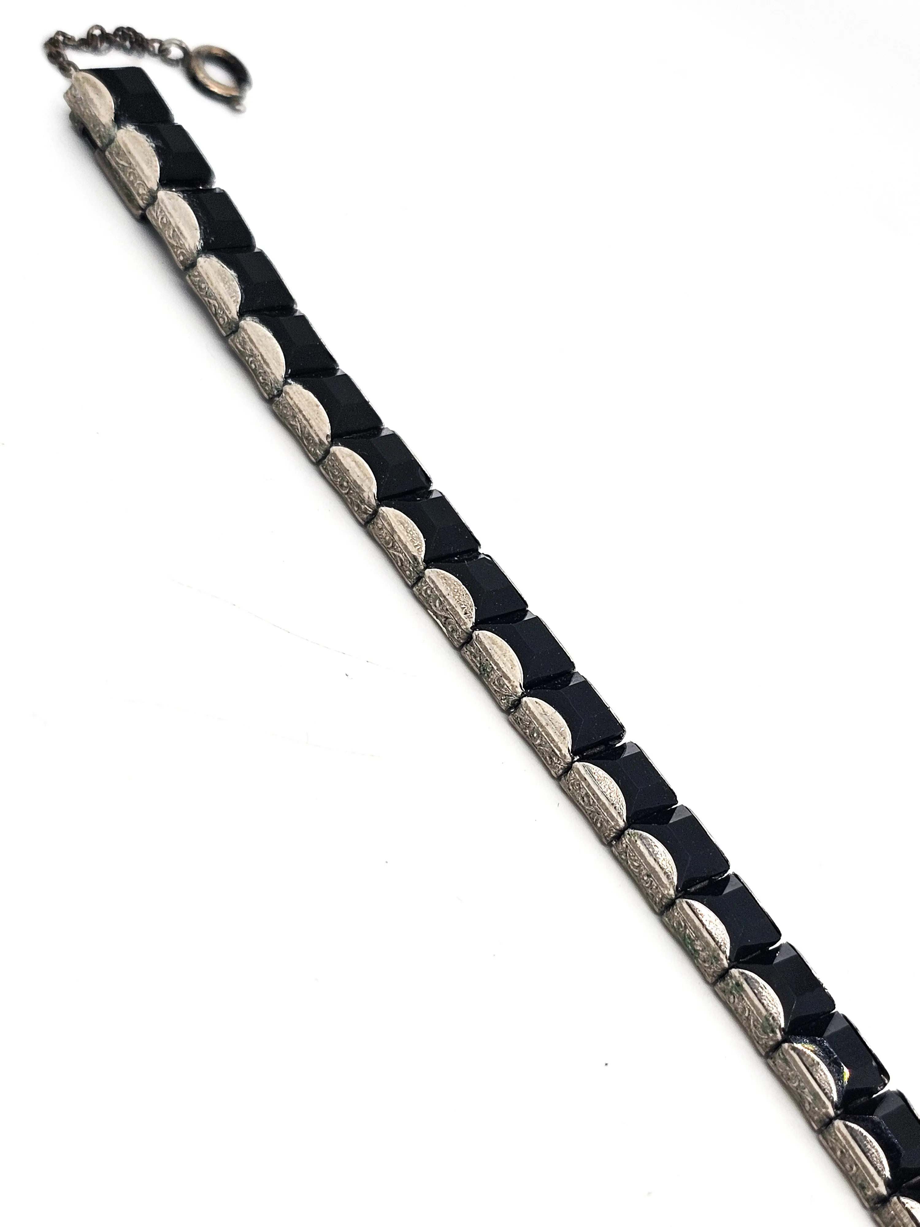 Black Princess cut square Art Deco vintage rhinestone tennis bracelet