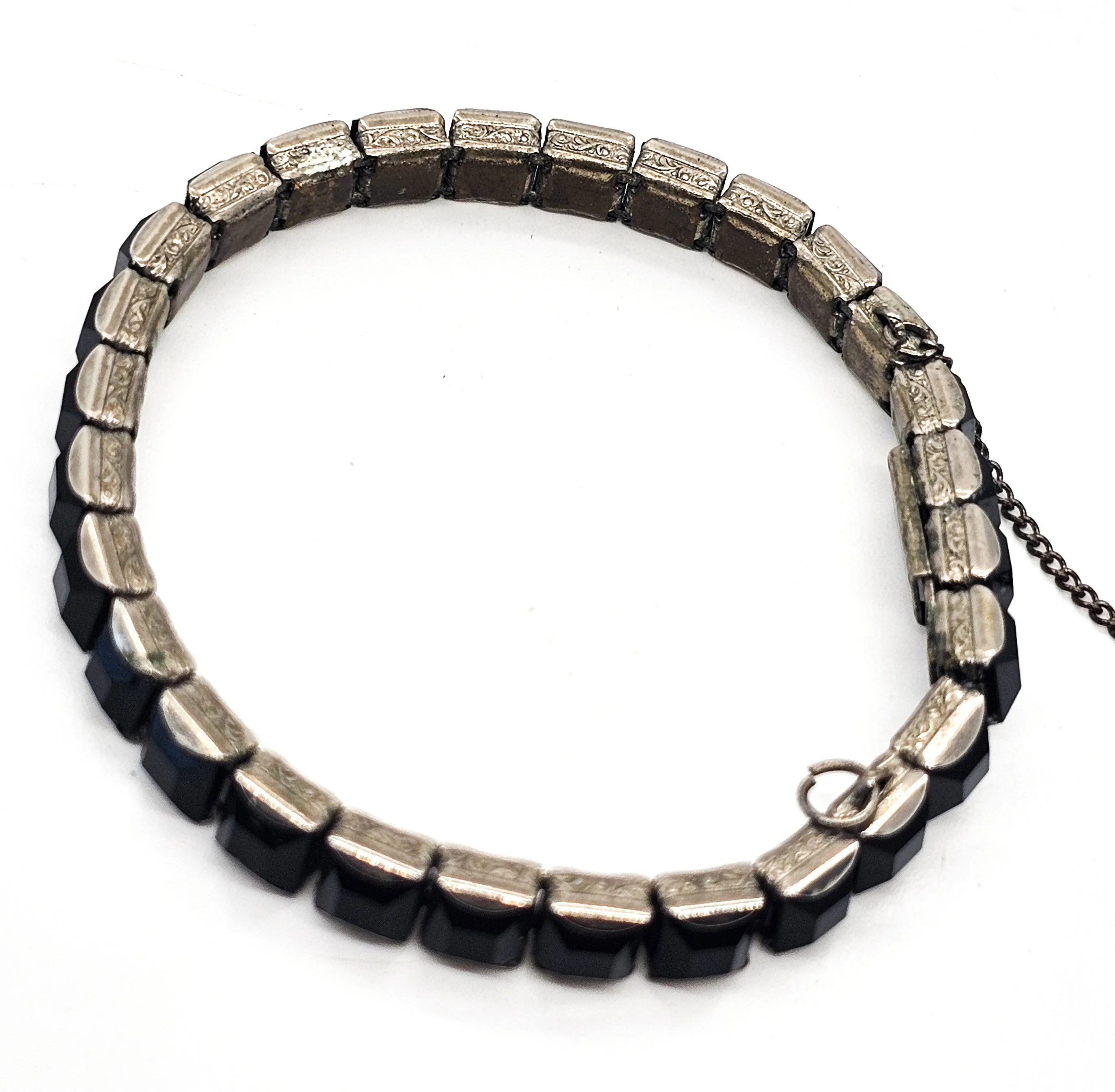 Black Princess cut square Art Deco vintage rhinestone tennis bracelet