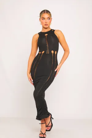 Black Sheer Buckle Detail Maxi Dress | Edgy & Sultry | High-Fashion Glam