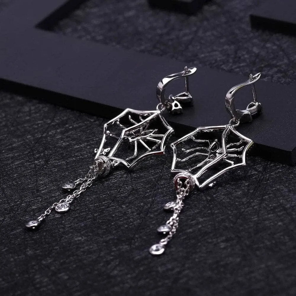 Black Spinel Spider Long Vintage Gothic Drop Earrings