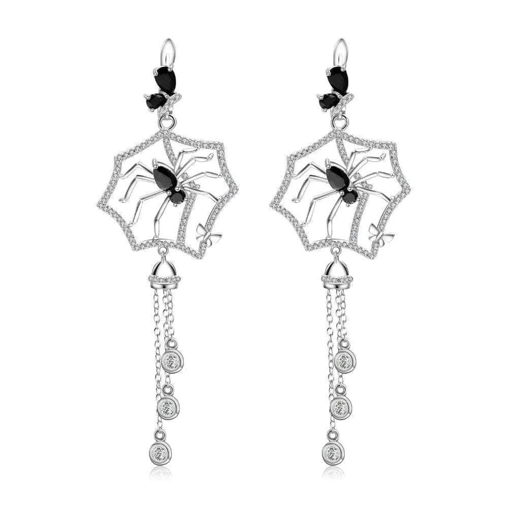 Black Spinel Spider Long Vintage Gothic Drop Earrings