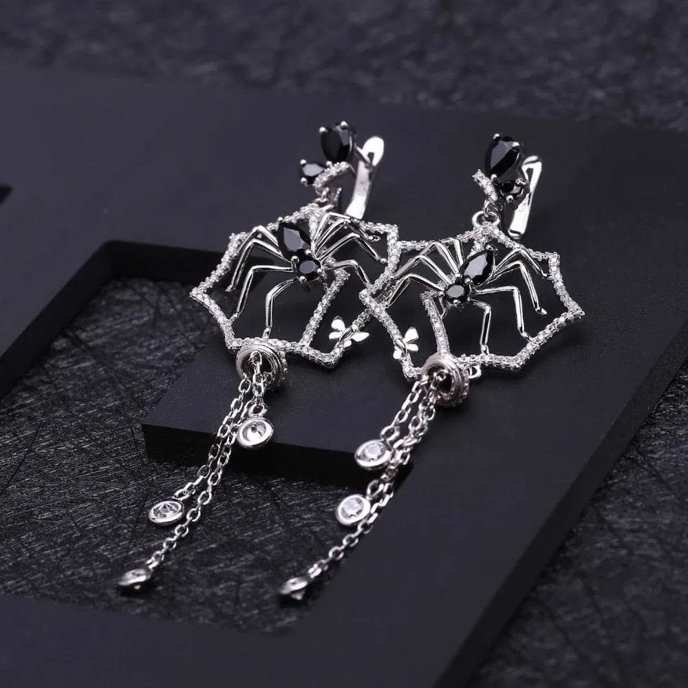 Black Spinel Spider Long Vintage Gothic Drop Earrings