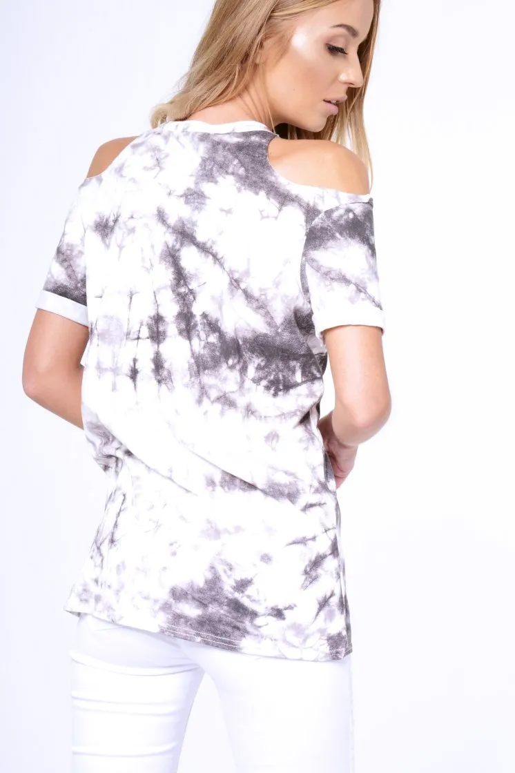 Black Tie Dye Cold Shoulder Slogan Top - Zeyna