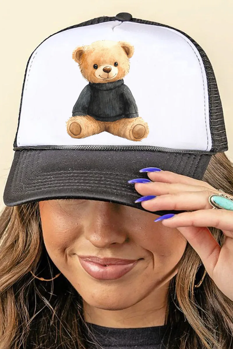 Black Vintage Teddy Bear Foam Mesh Back Trucker Cap