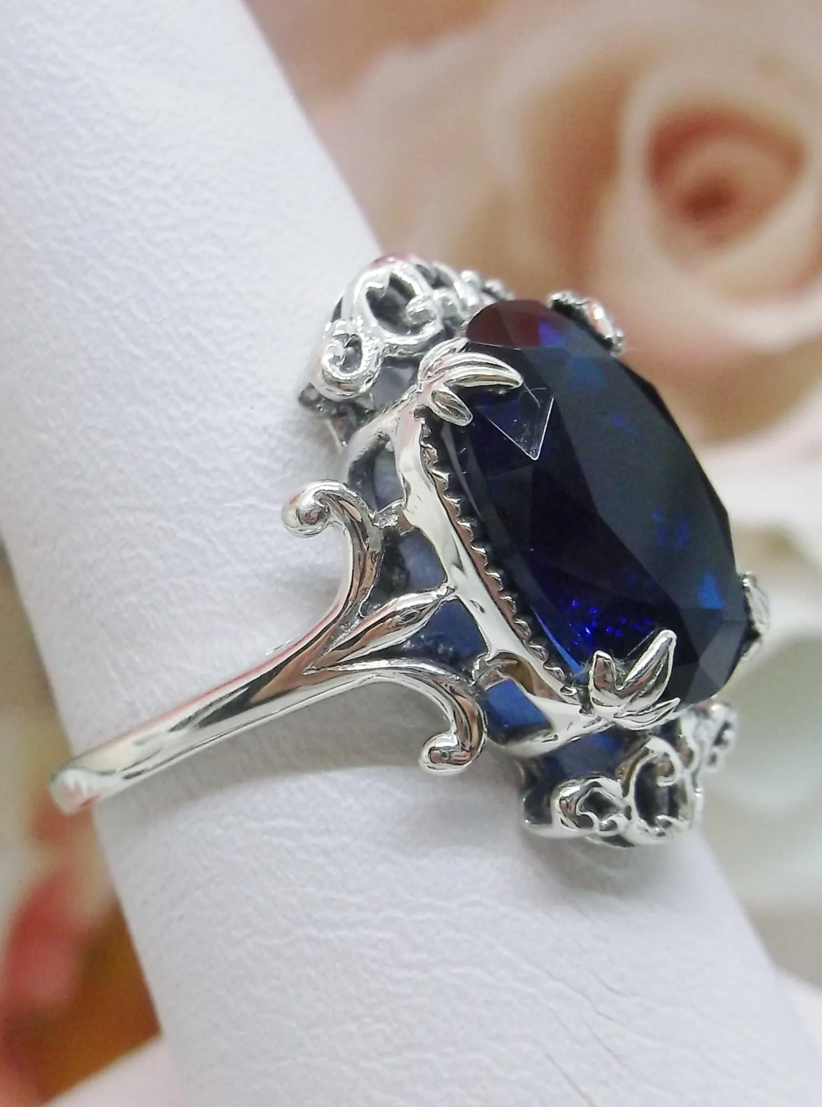 Blue Sapphire Ring, Oval Gem, Gothic Vintage Style Jewelry, #D84