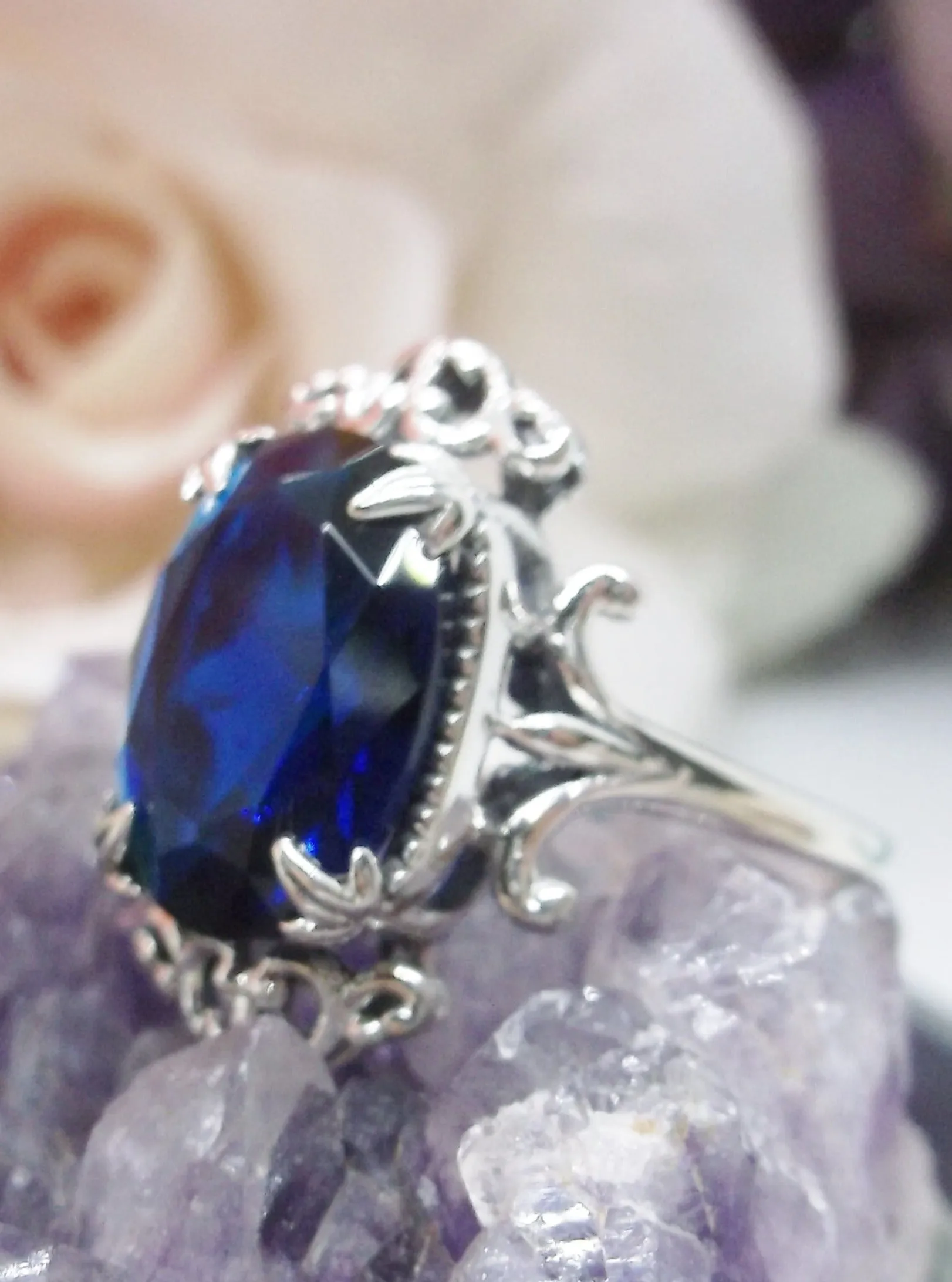 Blue Sapphire Ring, Oval Gem, Gothic Vintage Style Jewelry, #D84