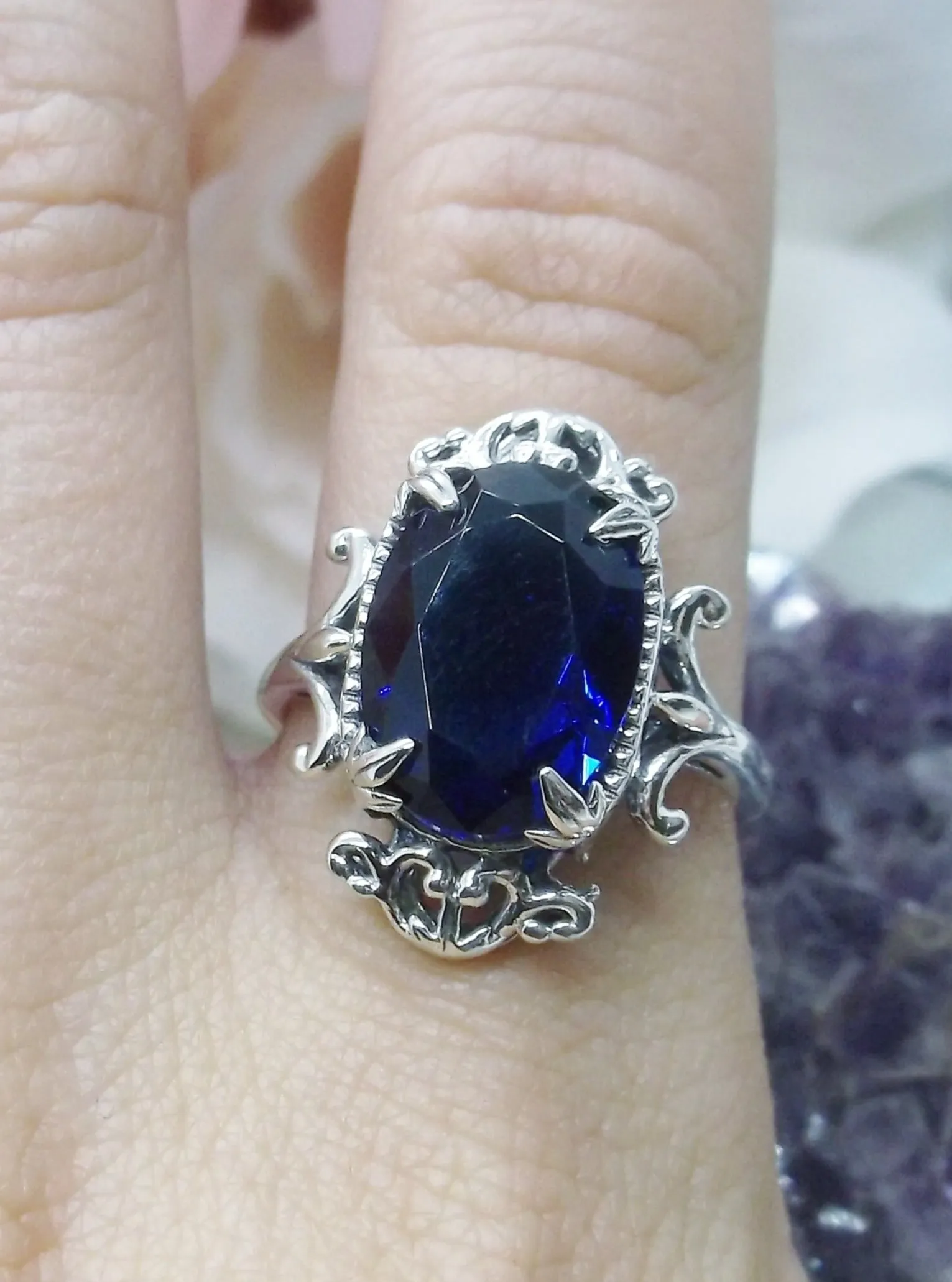 Blue Sapphire Ring, Oval Gem, Gothic Vintage Style Jewelry, #D84