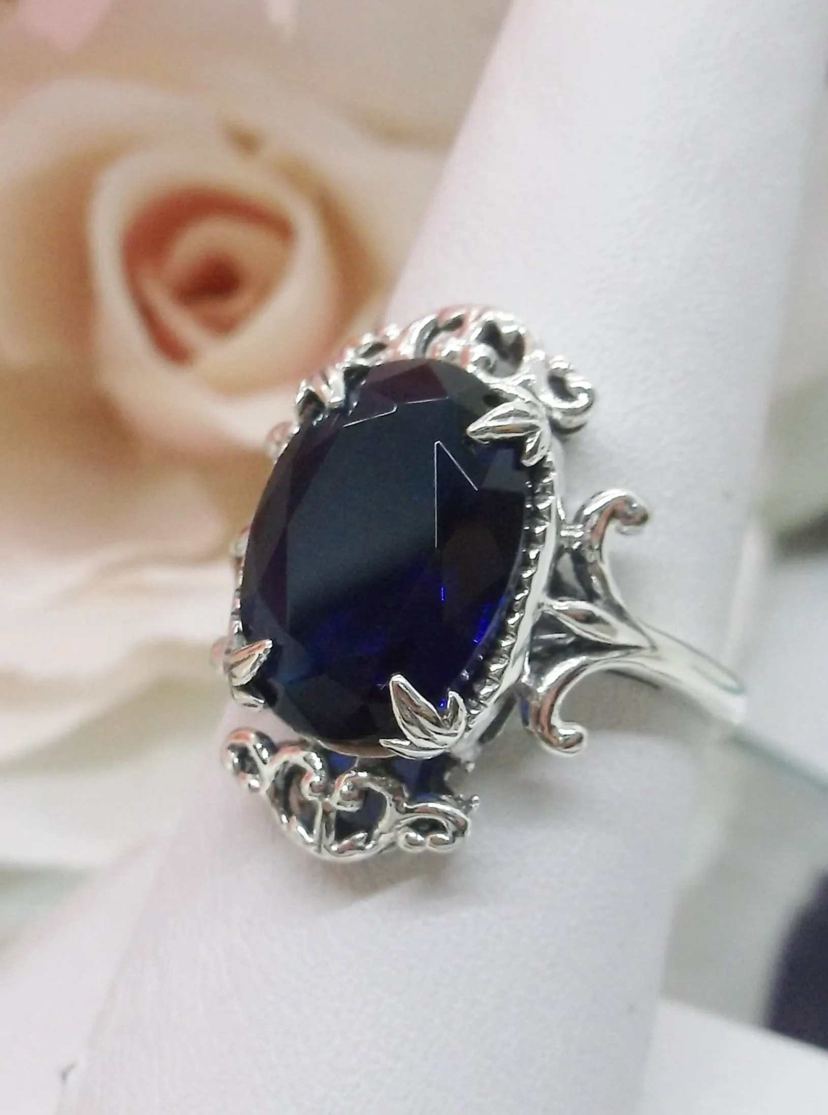 Blue Sapphire Ring, Oval Gem, Gothic Vintage Style Jewelry, #D84