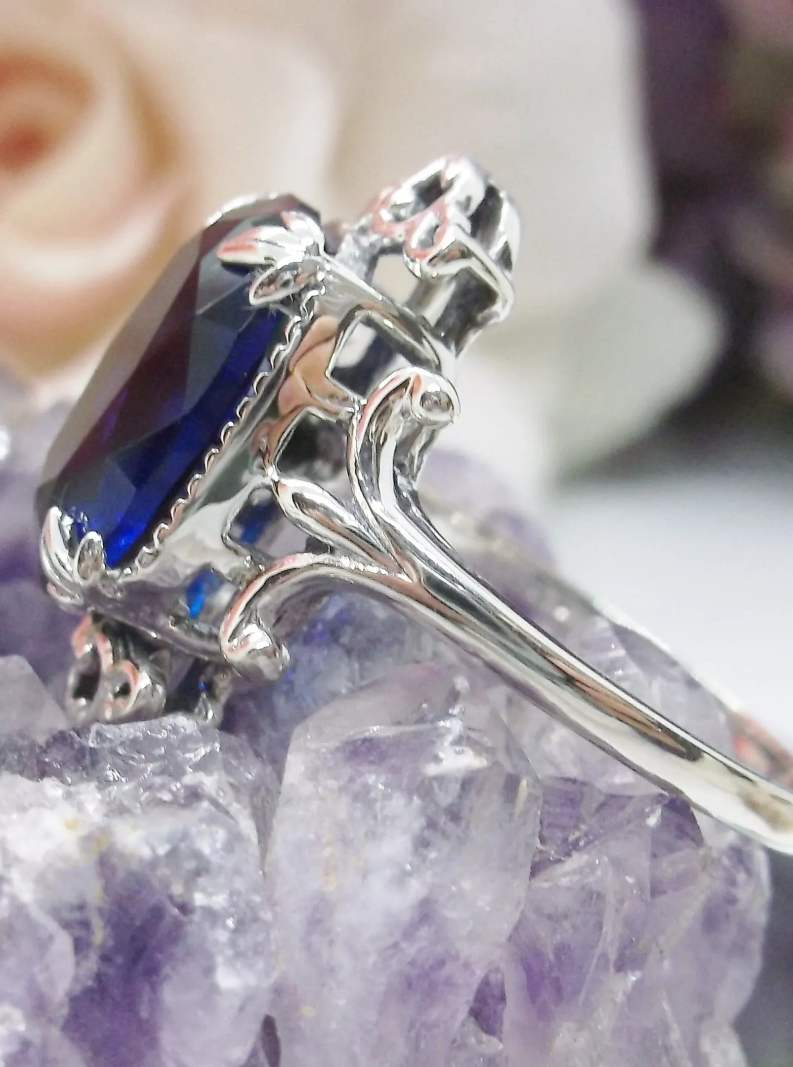 Blue Sapphire Ring, Oval Gem, Gothic Vintage Style Jewelry, #D84