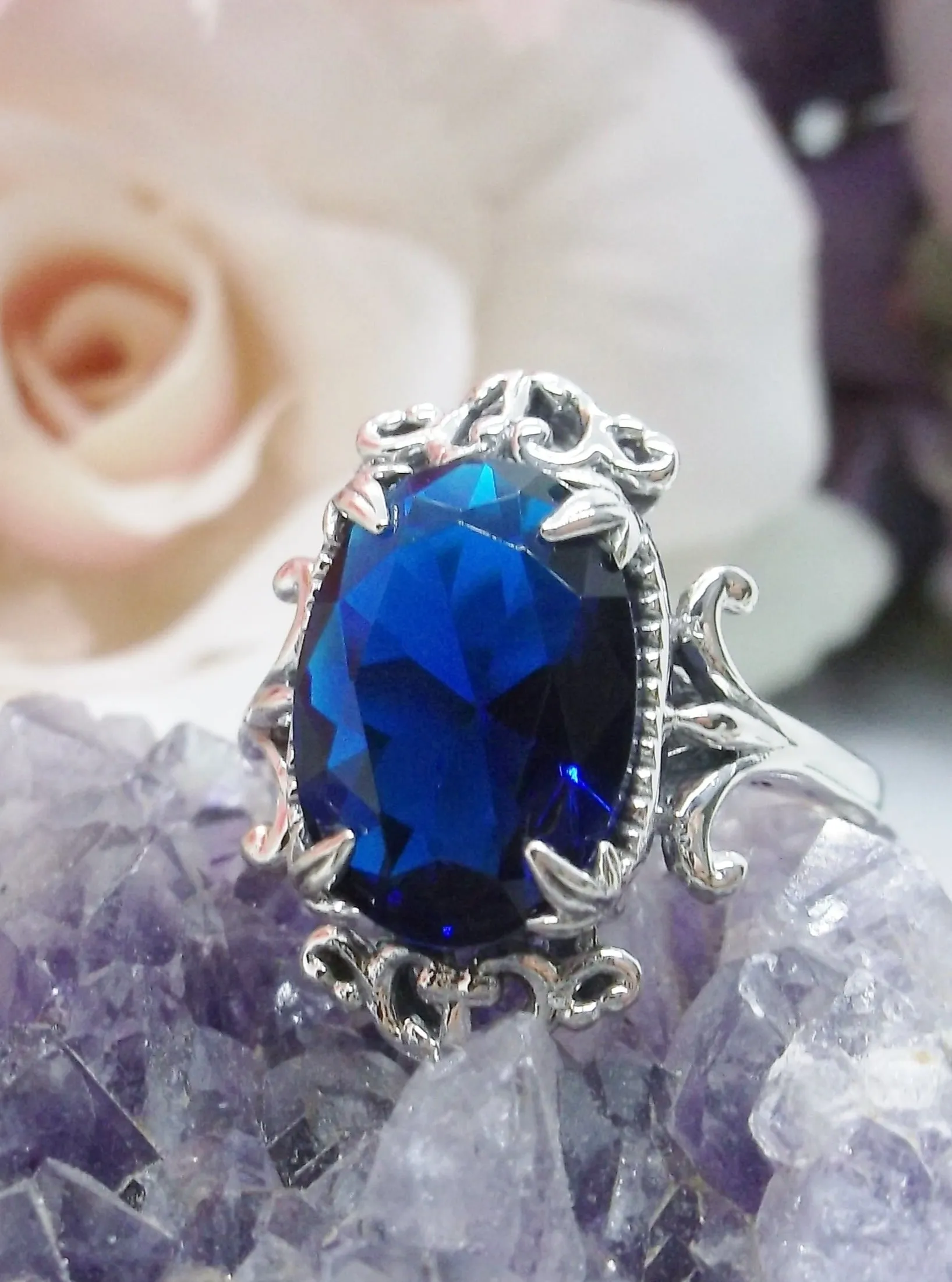 Blue Sapphire Ring, Oval Gem, Gothic Vintage Style Jewelry, #D84