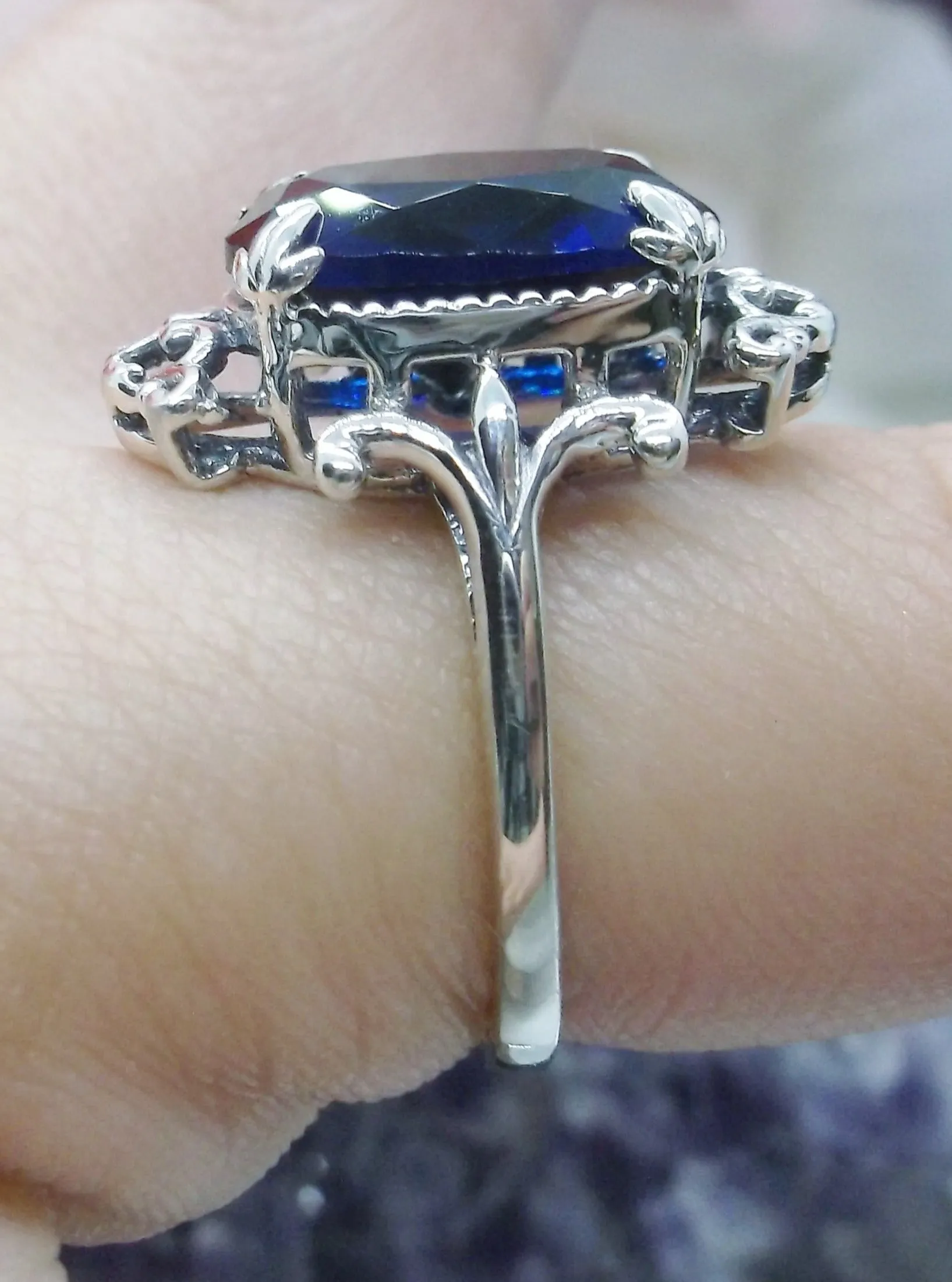 Blue Sapphire Ring, Oval Gem, Gothic Vintage Style Jewelry, #D84