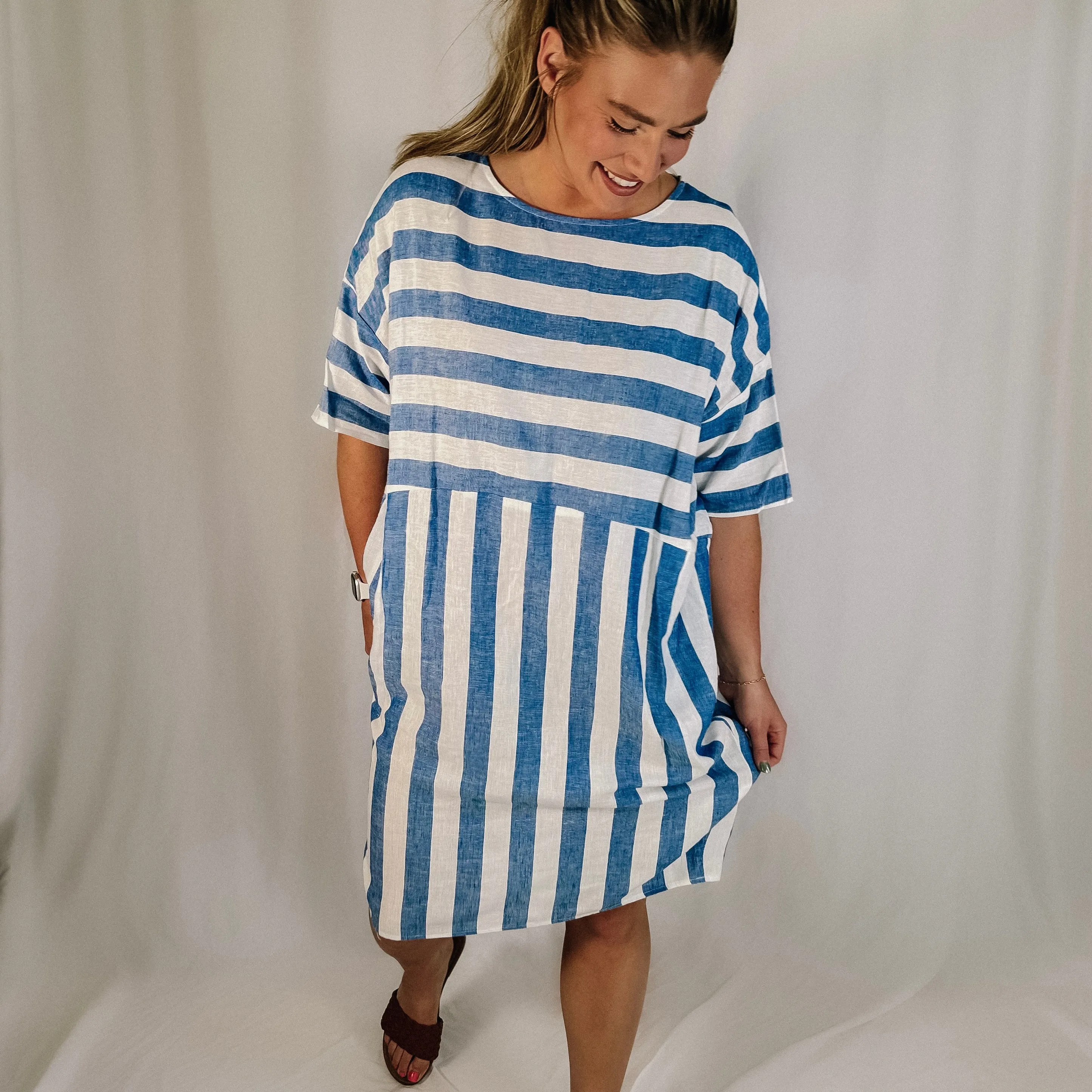 Bluebird Day Linen Striped Dress