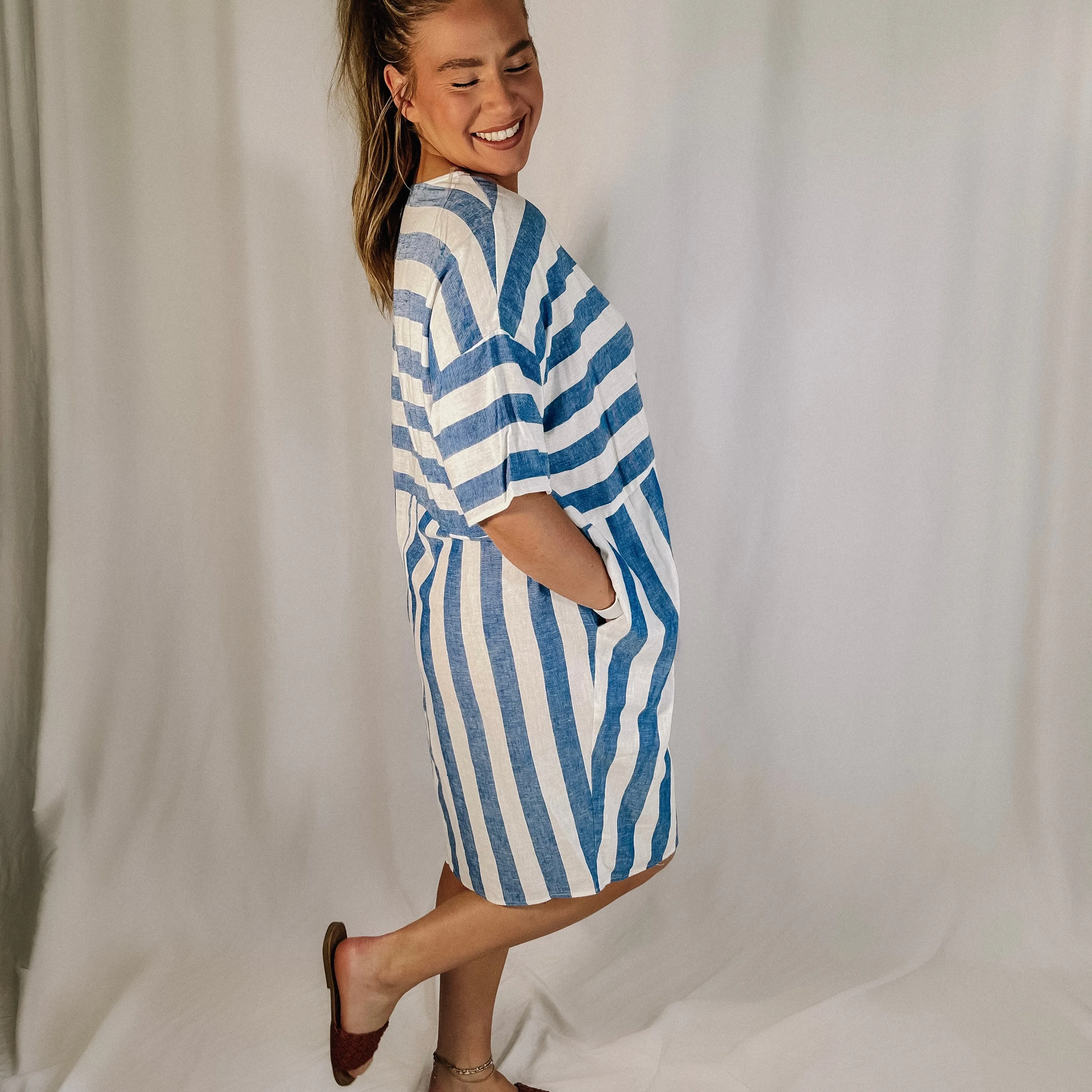 Bluebird Day Linen Striped Dress