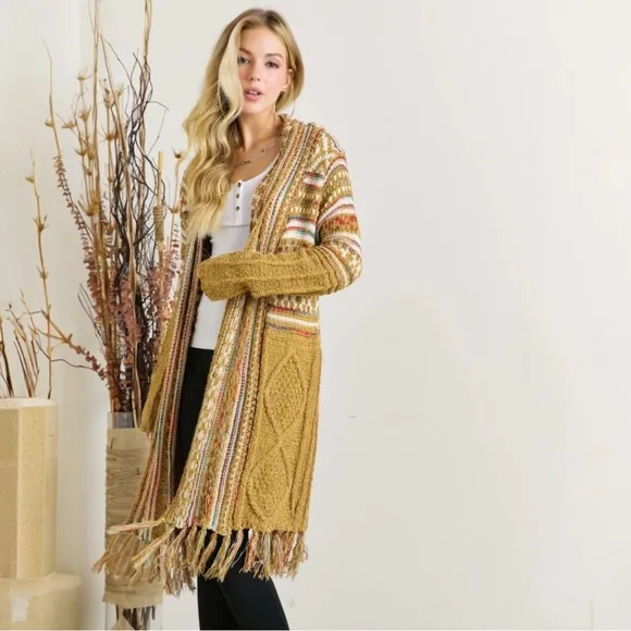 Bohemian Longline Knit Cardigan With Fringe Tassel Hem Southwestern Aztec Print