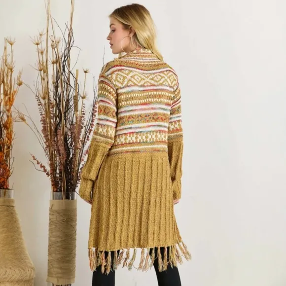 Bohemian Longline Knit Cardigan With Fringe Tassel Hem Southwestern Aztec Print