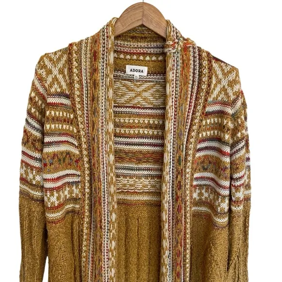 Bohemian Longline Knit Cardigan With Fringe Tassel Hem Southwestern Aztec Print