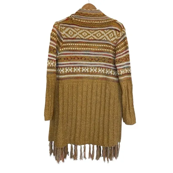 Bohemian Longline Knit Cardigan With Fringe Tassel Hem Southwestern Aztec Print