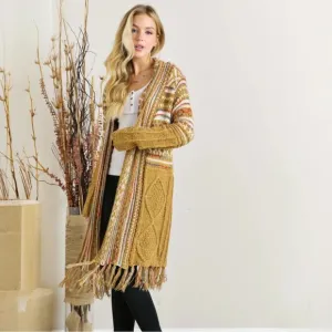 Bohemian Longline Knit Cardigan With Fringe Tassel Hem Southwestern Aztec Print