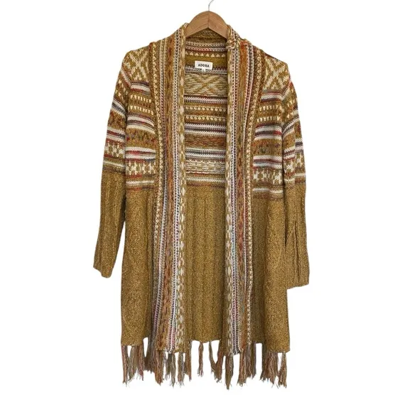Bohemian Longline Knit Cardigan With Fringe Tassel Hem Southwestern Aztec Print