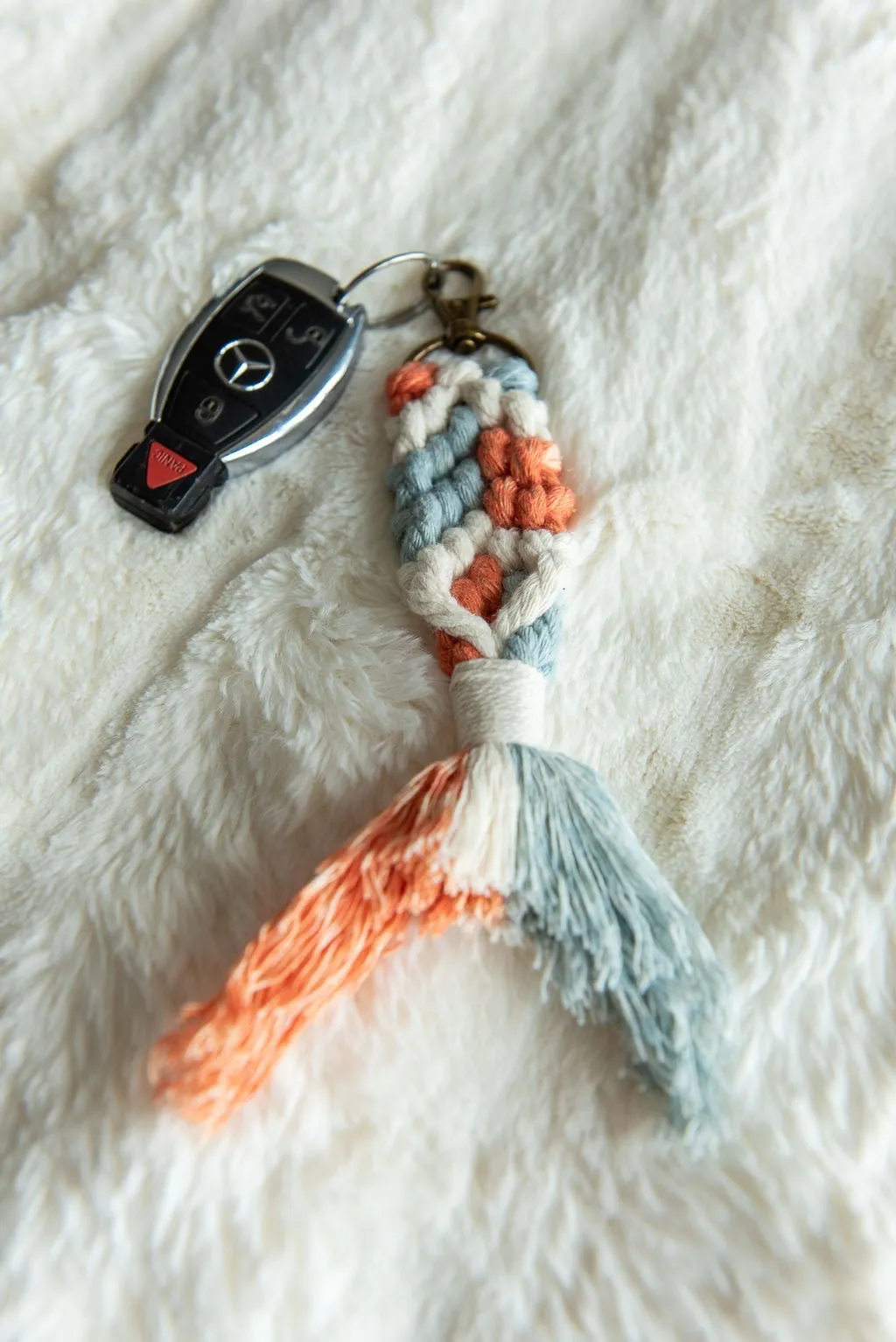 Boho Macramé Keychain in Peach, Denim & Ivory