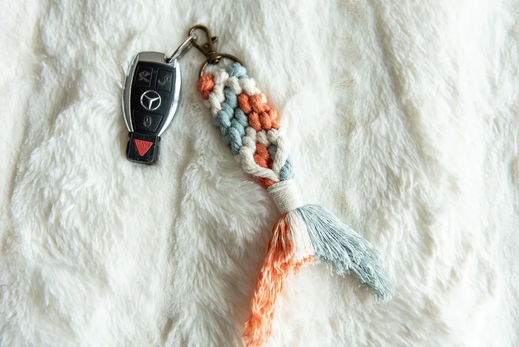 Boho Macramé Keychain in Peach, Denim & Ivory