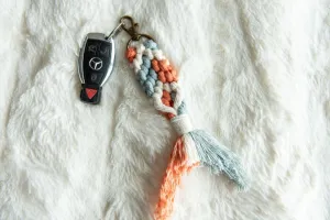 Boho Macramé Keychain in Peach, Denim & Ivory