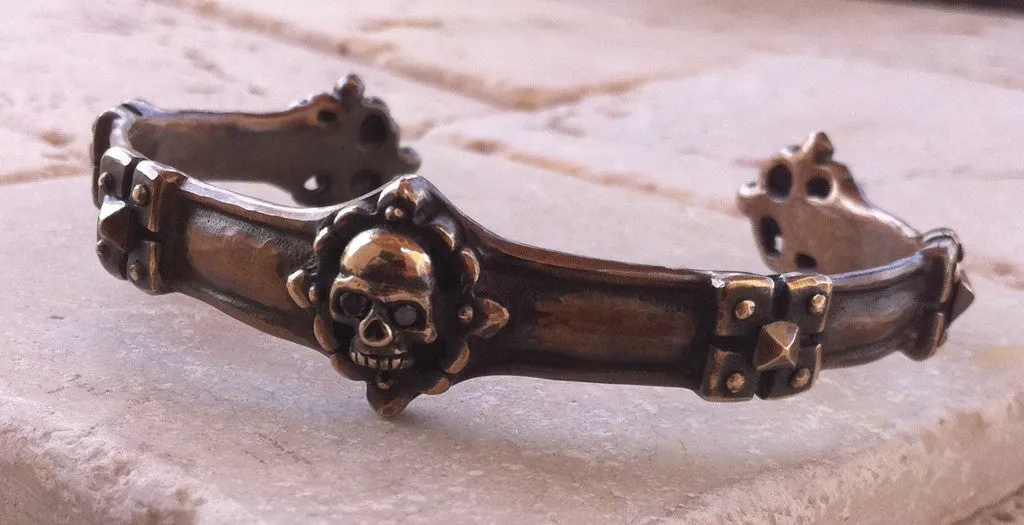 Bracelet - Bronze Skull Cuff with Diamonds