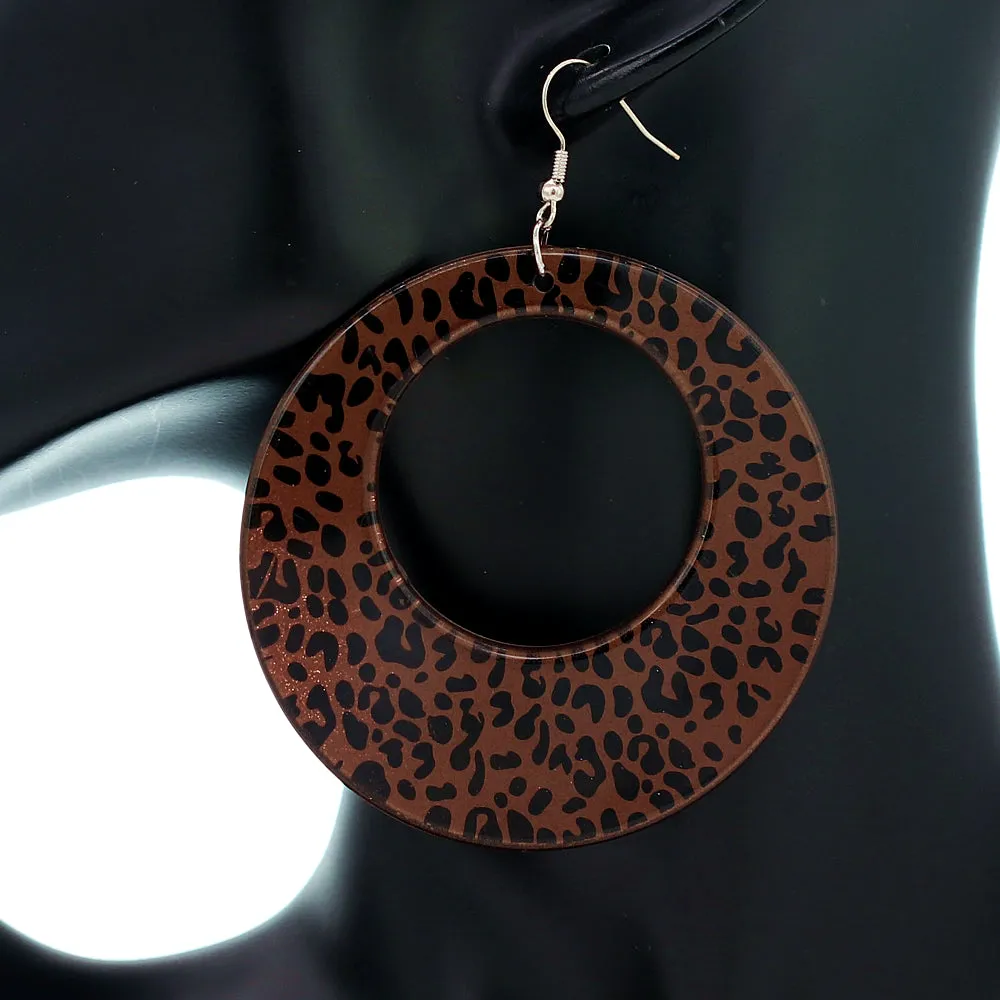 Brown Spotted Cheetah Print Round Earrings