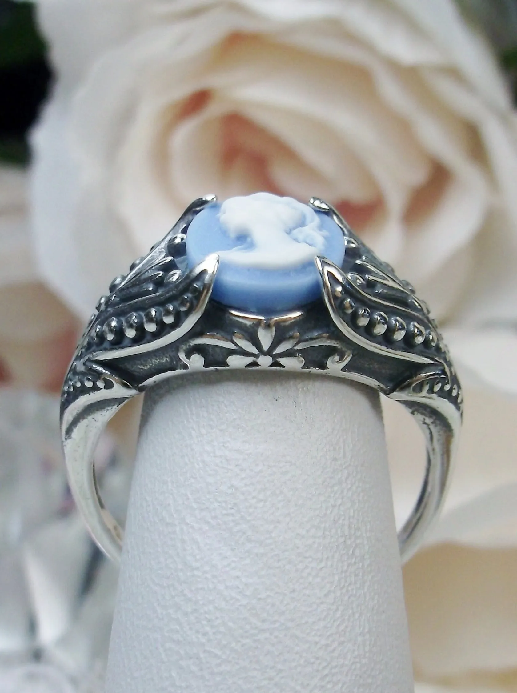 Cameo Ring, Blue Lady Cameo, Sterling Silver Gothic Jewelry #D85